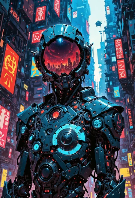 (in Otomo Katsuhiro style:1.2), masterpiece, high-quality, A futuristic scout in a sleek angular suit embedded with pulsating circuits, Theyre framed in a glowing urban sprawl of vertical megastructures and floating drones, their visor reflecting a fragmented digital skyline, One hand grips a small high-tech device scanning the area for unseen threats, urban sprawl, circuit suit, digital skyline, (Stylized in neon cyberpunk anime with a sharp high-contrast aesthetic:1.1), (elaborate fine details:1.1), (hyperdetailed:1.1), (intricate details:1.0), (Refined details:1.1), (best quality:1.1), (high resolution:1.2), <lora:FLUX\Anime v1.3:0.6> <lora:FLUX\VividlyReal:0.6> <lora:FLUX\FLUX-daubrez-DB4RZ:0.4>