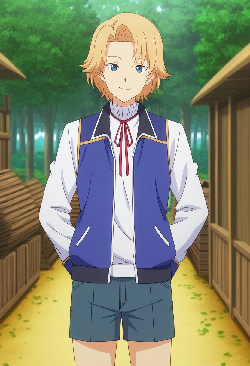 masterpiece, best quality, anime screencap, official style, anime coloring, cowboy shot, 1boy, solo, male focus, <lora:august_von_earlshide_ilxl:0.92>, august_von_earlshide, blonde hair, blue eyes, short hair, red ribbon, vest, white shirt, neck ribbon, forest market, tree stalls, leaf paths, wooden shops, shopping pose, happy expression, morning, Tweed Denim cutoff shorts, Organza Zip-up track jacket, , ,