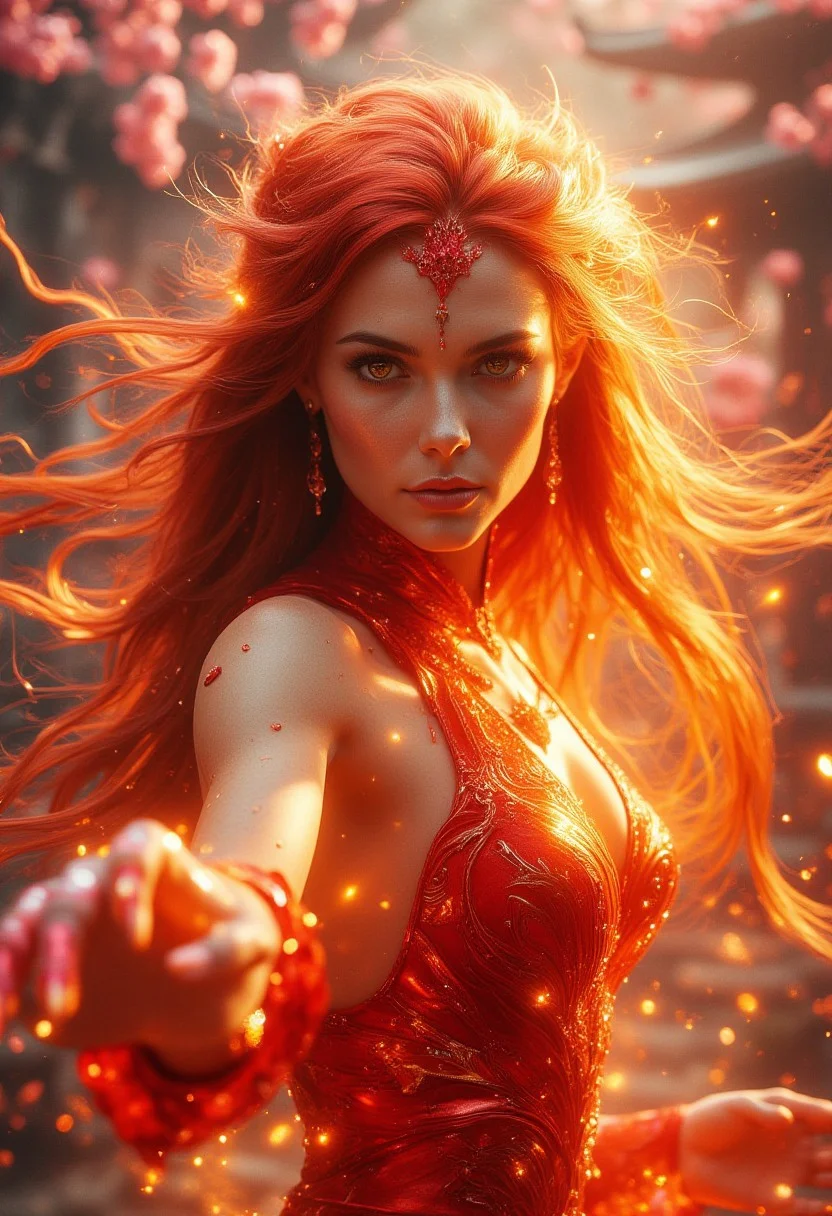 Fire Goddess emerges from a lush garden amidst blooming cherry blossoms. Her fiery locks dance in the gentle breeze as she poses in front of stunning architecture, her radiant red dress accentuating the beauty of the surroundings. Close-up portrait captures her fierce gaze and captivating smile, with subtle hints of flames licking at her fingers, subtly conveying her powerful inner fire.