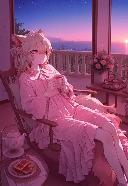 aakkuroyuki, masterpiece, best quality, very aesthetic, absurdres, highres, solo, monster girl, {{ferret girl:0.8}}, {{rose girl}}, {{rose petal hair}}, {{anthro hybrid}}, {{ferret ears}}, snout, {{white fur}}, long fluffy tail, {{ferret girl}}, japanese-idol-outfit, rose dress, pink dress, natural, garden, manor, springtime, leaning back, relaxed, calm, kuudere, fang, kind eyes, facing viewer, legs crossed, {{toast with jam and tea}}, snack tray, side table, {{holding tea mug}}, {{pink make up}}, {{flower garden}}, twilight, starry sky, porch, rocking chair, abstract roses, 1600's fashion, soft pink glowneon, scenic view, cinematic lighting,close up, face focus, {{psychedelic realm:1.1}}, {{wonderland:0.6}}, soft colored pallete, meticulously detailed image