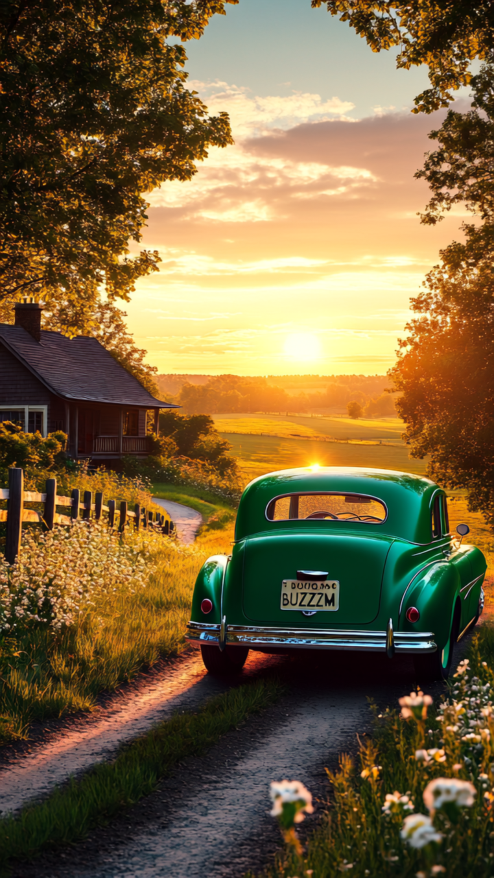 The image depicts a serene countryside scene typical of the 1940's at sunset. The sun is low on the horizon, casting a warm golden light over the landscape. The sky is painted with soft pastel hues, transitioning from light blue to warm orange and yellow tones. In the foreground, there is a narrow dirt road that winds through the lush greenery. The road is bordered by a rustic wooden fence on the left side, and it is lined with wildflowers and tall grass. The path leads towards a charming wooden house, which is partially obscured by blooming white flowers and dense foliage.
A vintage 1940's green car is parked on the right side of the road, facing away from the viewer. The car has a classic design, with split rear window, rounded edges,  chrome detailing and large chrome rear bumper. The license plate on the car reads (("BUZZME")). The scene is framed by tall trees on either side, their leaves casting dappled shadows on the ground. The overall atmosphere is peaceful and idyllic, evoking a sense of nostalgia and tranquility. 