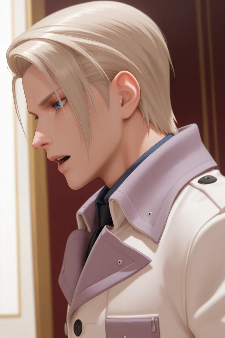 masterpiece, best quality, amazing quality, highres, absurdres, intricate detail,official style,anime srceencap , , , 1boy, solo, male focus , , , <lora:rufus_shinra:0.71>,rufus shinra,platinum blonde hair,blue eyes,short hair,slicked back hair,open mouth, upper body,from side,white coat,collared shirt