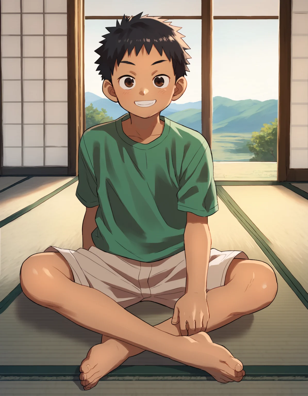 score_9, score_8_up, score_7_up, score_6_up, indoors, tatami, shouji, scenery, fields, 1boy, brown eyes, black hair, solo, looking at viewer, smile, green t-shirt, shorts, tan, sitting, on floor, arm support, feet together <lora:a6_AMXL_v1g-ShoAI:1>