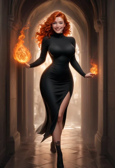 In Dungeons and Dragons style, full view of the body, black inked dragon tattoo on leg, beautiful ginger haired, wavy hair, raw photo, smiling, happy face, realistic body, more detail, freckle, busty, 30 yo, fantasy fire sorceress, standing in fantasy castel corridor, large breast, chest size 120 cm, hip size 100 cm, style-bridal, side slit, low cut dress, bright color