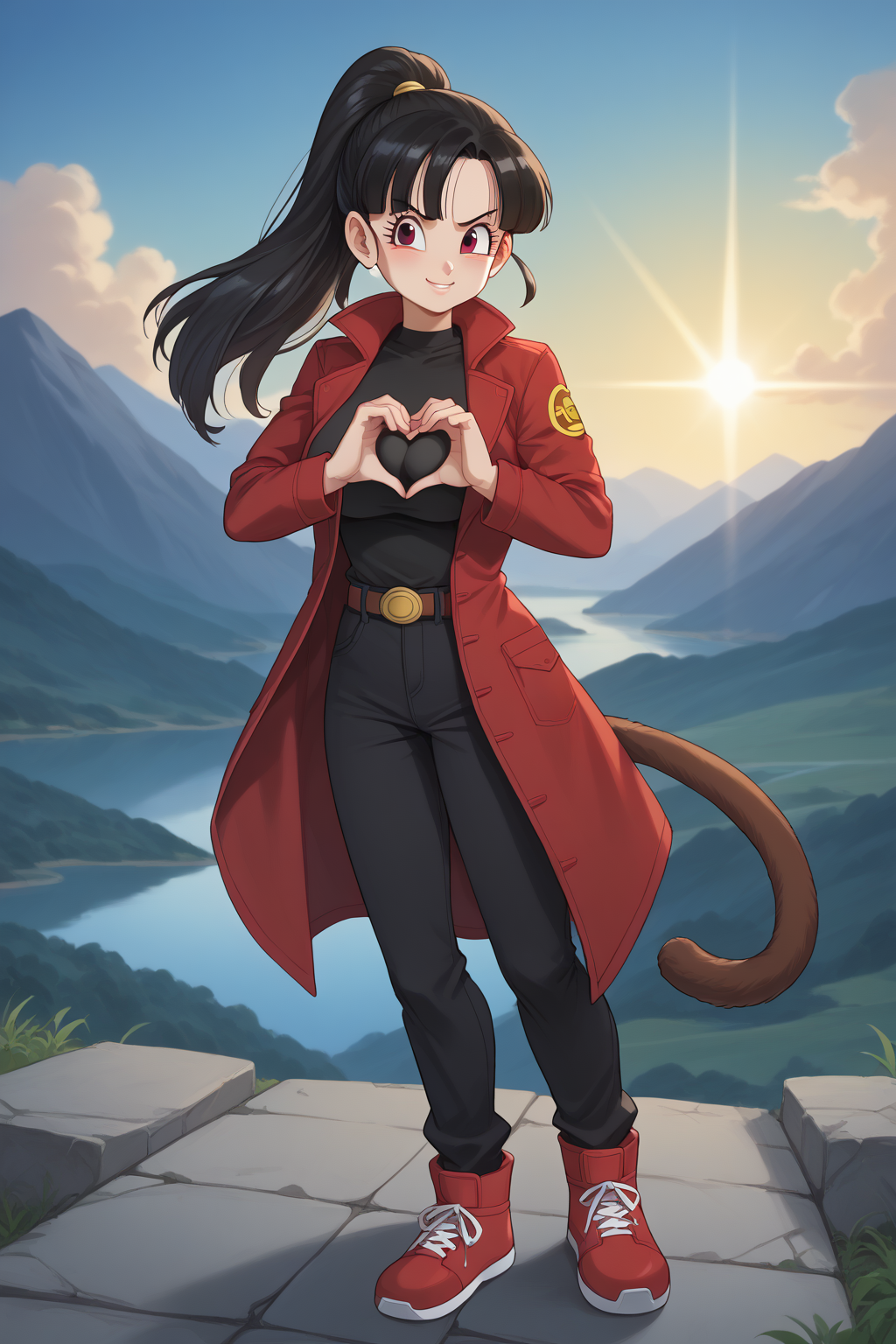 score_9, score_8_up, score_7_up, score_6_up, score_5_up, score_4_up, masterpiece, high quality, BREAK, full body, BREAK, 1girl, <lora:Note (Dragon Ball):0.8> note (dragon_ball), black hair, ponytail, tail, monkey tail, red ribbon, hairpiece, large breasts, coat, jacket,  <lora:HeartBoobPose:0.9> HeartBoobPose, hand gesture, posing, heart shaped hands, over breasts, heart, heart hands,