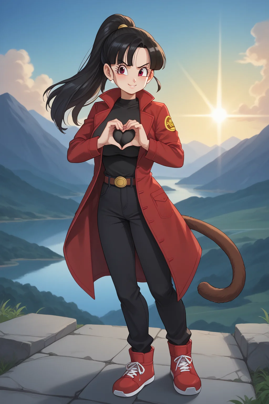 score_9, score_8_up, score_7_up, score_6_up, score_5_up, score_4_up, masterpiece, high quality, BREAK, full body, BREAK, 1girl, <lora:Note (Dragon Ball):0.8> note (dragon_ball), black hair, ponytail, tail, monkey tail, red ribbon, hairpiece, large breasts, coat, jacket, <lora:HeartBoobPose:0.9> HeartBoobPose, hand gesture, posing, heart shaped hands, over breasts, heart, heart hands,