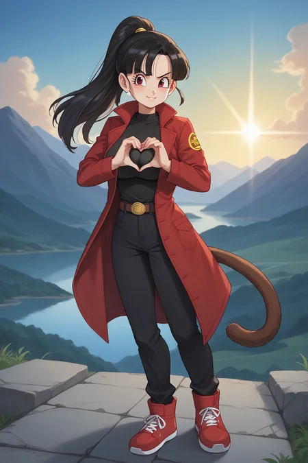 score_9, score_8_up, score_7_up, score_6_up, score_5_up, score_4_up, masterpiece, high quality, BREAK, full body, BREAK, 1girl, <lora:Note (Dragon Ball):0.8> note (dragon_ball), black hair, ponytail, tail, monkey tail, red ribbon, hairpiece, large breasts, coat, jacket, <lora:HeartBoobPose:0.9> HeartBoobPose, hand gesture, posing, heart shaped hands, over breasts, heart, heart hands,