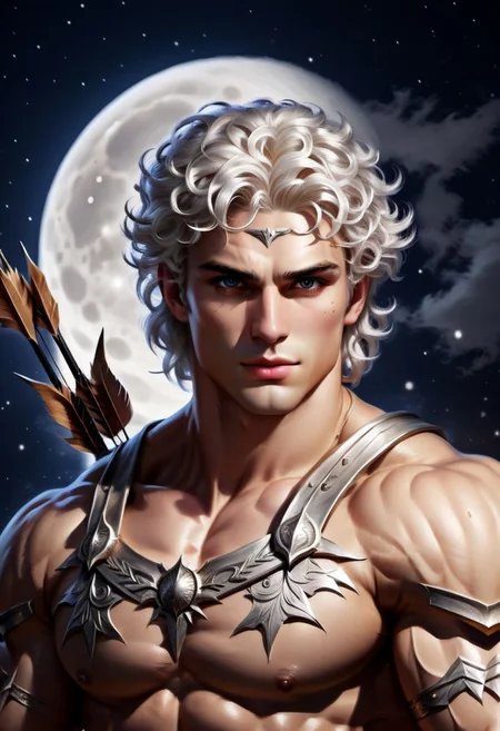 4k, digital art, semi realistic, fantasy, best quality, masterpiece, very detailed, wide camera angle, dynamic camera angle, dynamic pose, close up, portrait of a male bodybuilder, 20 years old, pale skin, platinum hair, curly hair, short hair, moon on the forehead, very handsome, silver eyes, big eyes, anime eyes, defined eyes, defined eyebrows, greek god, greek warrior, wearing a silver tunic, with a bow and arrow, ancient greece, aiming an arrow, night sky on the background, big moon (cinematic light, volumetric), splash art,