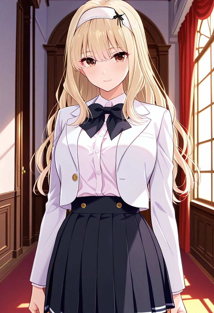 absurdres, best quality, masterpiece, amazing quality, highres, newest, detailed, source anime, anime coloring, beautiful, indoors, mansion,
BREAK
1girl, solo, standing, KijHyou, brown eyes, blonde hair, long hair, white hairband, wavy hair, light smile, light blush, looking at viewer,
White jacket, white inner shirt, black skirt, pleated skirt, black bowtie