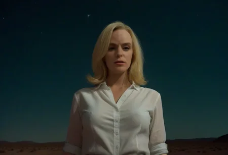 cinematic film still, 
saturated colors, 
negative space, 
 1 adult woman, (breaking bad style), (solo female focus), looking at viewer, face of Skyler White, blonde hair, white blouse

framing device, negative space, leading lines, 
backdrop is a planet,, star (sky)