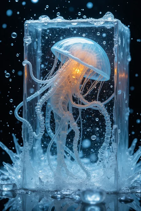A nightmarish alien jellyfish with tentacles ((transparent and glowing )) frozen mid-struggle in frozen ice cube. Its transparent glowing skin . The creature's skeletal body is twisted violently, with ethereal tendrils pushing against the ice prison. Translucent blue-white ice reveals the alien's textured exoskeleton and bioluminescent organs. Crystalline ice formations spiral outward from the struggling figure. Professional photography with rim lighting emphasizes the three-dimensional depth within the ice block.