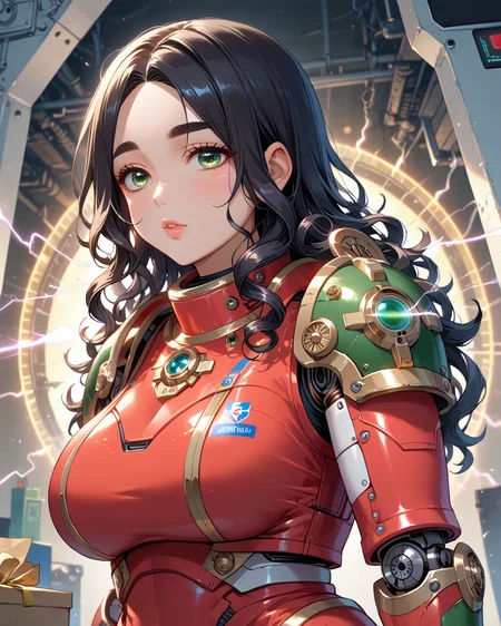 PonyScores7, source_anime, ah1, 1girl, (curly hair), long hair, (black hair), mature female, (parted hair:1.7), (round face:1.2), (fringe:-0.5), (bangs:-0.5), (hair between eyes:-0.5), (thick eyebrows), (curvy), round-chin, (greenish hazel eyes), caucasian, (downturned eyes:1.2), (plump face), <lora:ETO_OCPonyXL:0.5> eto_oc, skindentation, (plump), thick thighs, wide hips, busty, voluptuous, kinky curls, lips, bad-hands-5, <lora:venus body PonyXL:0.4>, <lora:xl_more_art-full_v1:0.2>, <lora:shinyskin2:0.2> glistening skin, <lora:aesthetic_anime_v1s:0.2>, <lora:Expressive_H:0.2> Expressiveh, <lora:hairdetailpxl:0.2> hairdetailpxl, <lora:EpicF4nta5yXL:0.2>, <lora:detailxl:0.2> detailxl, <lora:Fant5yP0ny:0.2>, best quality, amazing quality, best aesthetic, absurdres, <lora:expressive eyes:0.2> expressive eyes, <lora:eyedetailpxl:0.2> eyedetailpxl, illustration, Volumetric_Lighting, ultra-detailed, very aesthetic, intricate details, 8k, masterpiece, best_quality, (Dutch Angle (from behind) view medium Close shot), (Staring with curiosity), (salt box powered combat armor with servo-assisted joints, energy projection gauntlets, magnetic boots for zero-gravity environments, and built-in medical nanobots), <lora:Eyes_High_Definition:0.3> EyesHD, looking at viewer, Stable_Yogis_PDXL_Positives, AS-Adult, <lora:Complicated fantasy portrait - XL Pony V2.0:0.8>