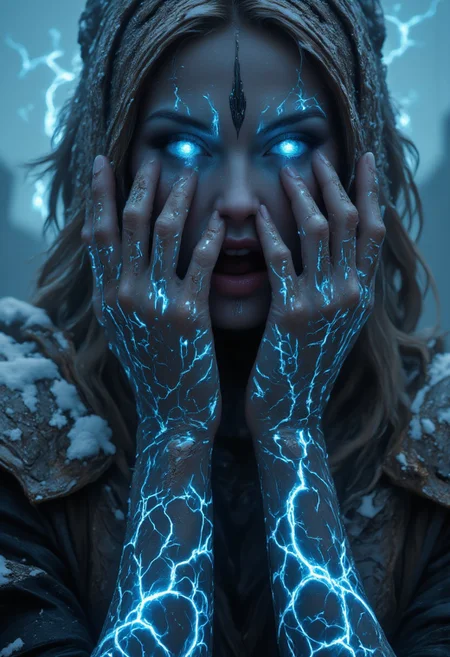 UHD 32k epic fantasy movie still, closeup portrait, photograph. angry blond Viking woman goddess of Thunder fighting, she has glowing blue bio ink arcane tattoos on her arms, lightning, in sky, snow on medieval battle background, snowing, high action pose, correct digits, fantasy, Stunning visuals, perfect eyes, perfect pupils, expressive eyes, Texture, aidmafluxpro1.1, Cinematic style, Beauty, Realism, Photorealism, Chiaroscuro, High quality, vikingpunk, perfection style