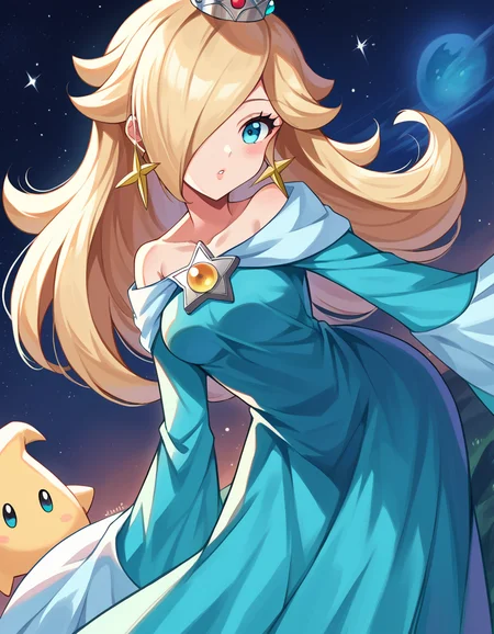 score_9, score_8_up, score_7_up, source_anime,
rosalina, <lora:princess-rosalina-ponyxl-lora-nochekaiser:1>,
rosalina, blonde hair, blue eyes, hair over one eye, long hair,
blue dress, crown, dress, earrings, jewelry, princess, robe, star earrings,
outdoors, space, bent over,
looking at viewer, dutch angle, cowboy shot,