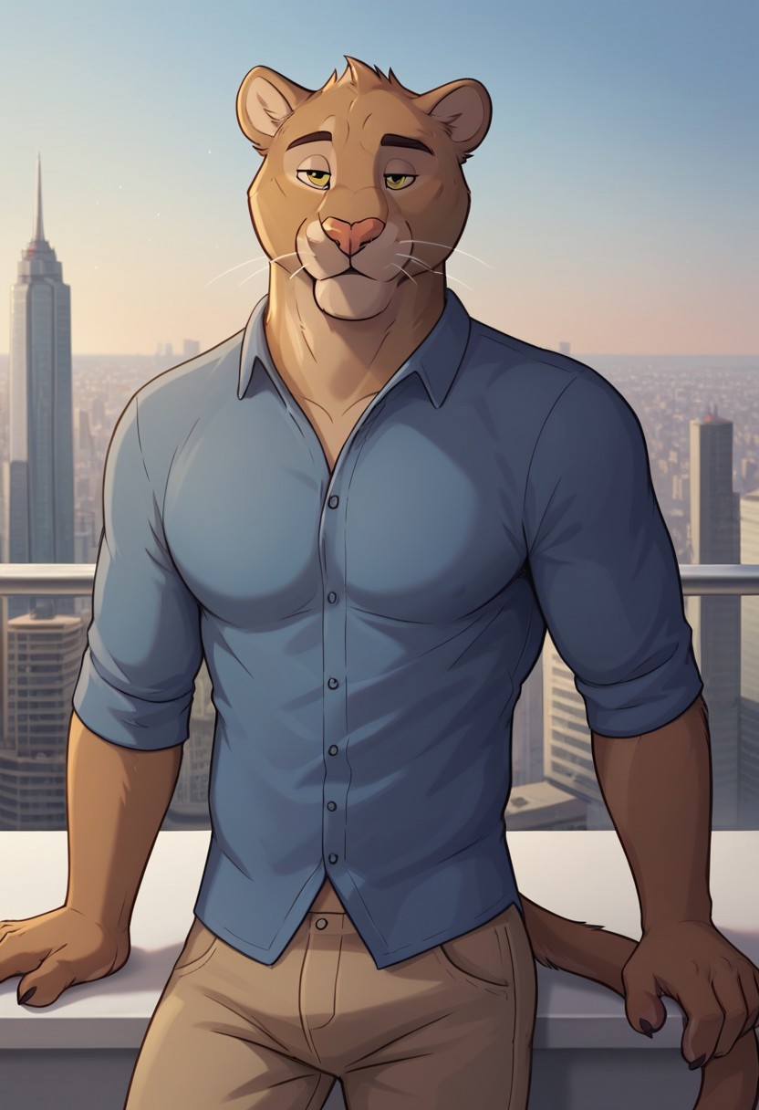 score_9, score_8_up, score_7_up, ArturoHerrera, jaguar, sexy expression, smile, bedroom eyes, blue dress shirt, khakis, brown pants, city skyline background, hi res, detailed eyes, eyes focus, perfect eyes, perfect face, best artwork, highly detailed bedroom