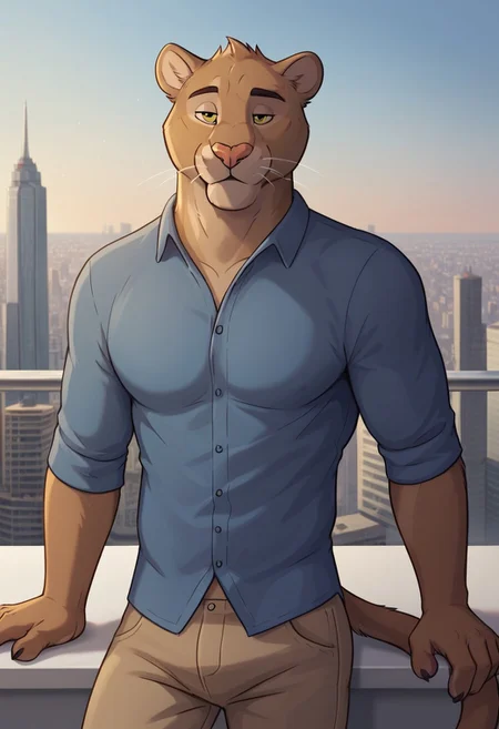 score_9, score_8_up, score_7_up, ArturoHerrera, jaguar, sexy expression, smile, bedroom eyes, blue dress shirt, khakis, brown pants, city skyline background, hi res, detailed eyes, eyes focus, perfect eyes, perfect face, best artwork, highly detailed bedroom