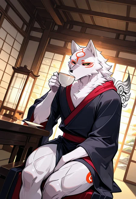 masterpiece, best quality, amazing quality, very aesthetic, absurdres, newest,  high quality, detailed, male, solo male, Amaterasu, 1boy, mature male, male, wolf, white fur, red markings on face, red markings, anthro, athletic build, broad shoulders, animal ears, black sclera, yellow eyes, black and red robe, volumetric lighting, beautiful, indoors, black and white robe, dutch angle, thick thighs, standing, scenic, Expressiveh, indoors, sitting cross legged, sipping tea, Japanese interior, sitting