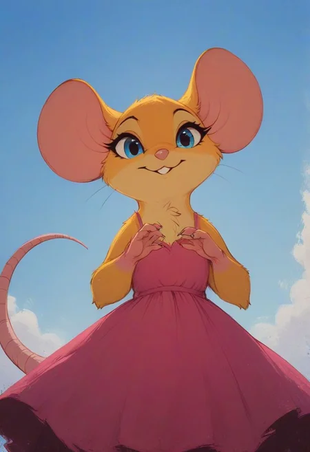 score_9, score_8_up, score_8, solo, (fluffy:0.8), (feral), furry, (((mouse))), female, claws, (fluffy cheeks:0.7), (pink dress), blue eyes, yellow fur, look at viewer, (solo:2), j_cartoon, cute, (portrait:1.5), close-up, low angle view, aesthetic, dramatic angle, unique perspective, unique angle, day, bright, (sun behind),
