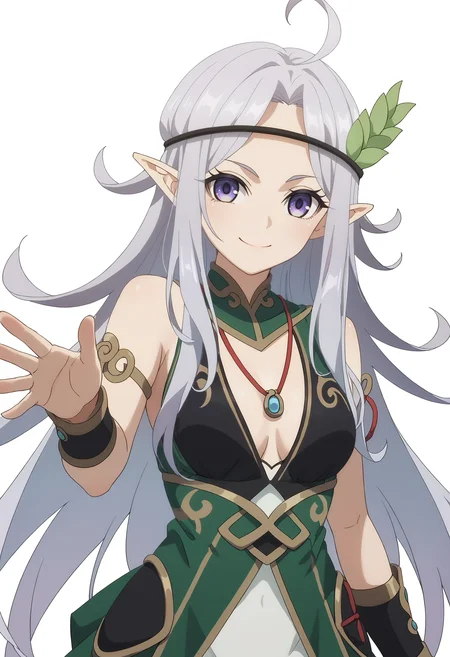 score_9_up,score_8_up,score_7_up,
solo,<lora:Kris ARGENT_v1.0_pony-000038:1>,
(LTGSR)_Kris,pointy ears,long hair,ahoge,purple eyes,
looking at viewer,breasts,
puffy shorts,black midriff,black bracers,
upper_body,green dress,white_background,simple_background,waving,smile