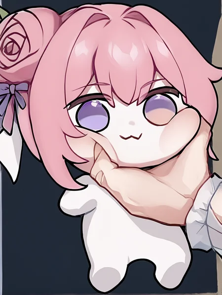 score_9,score_8_up,score_7_up,score_6_up,score_5_up,source_anime,anime screencap,
<lora:Doro_X_PDXL_V1:1>,
doro,creature,:3,chibi,pink hair,purple eyes,hair bun,hair bow,no humans,white skin,four legs,solid circle eyes,no pupils,
BREAK <lora:facegrab:1>,facegrab,
