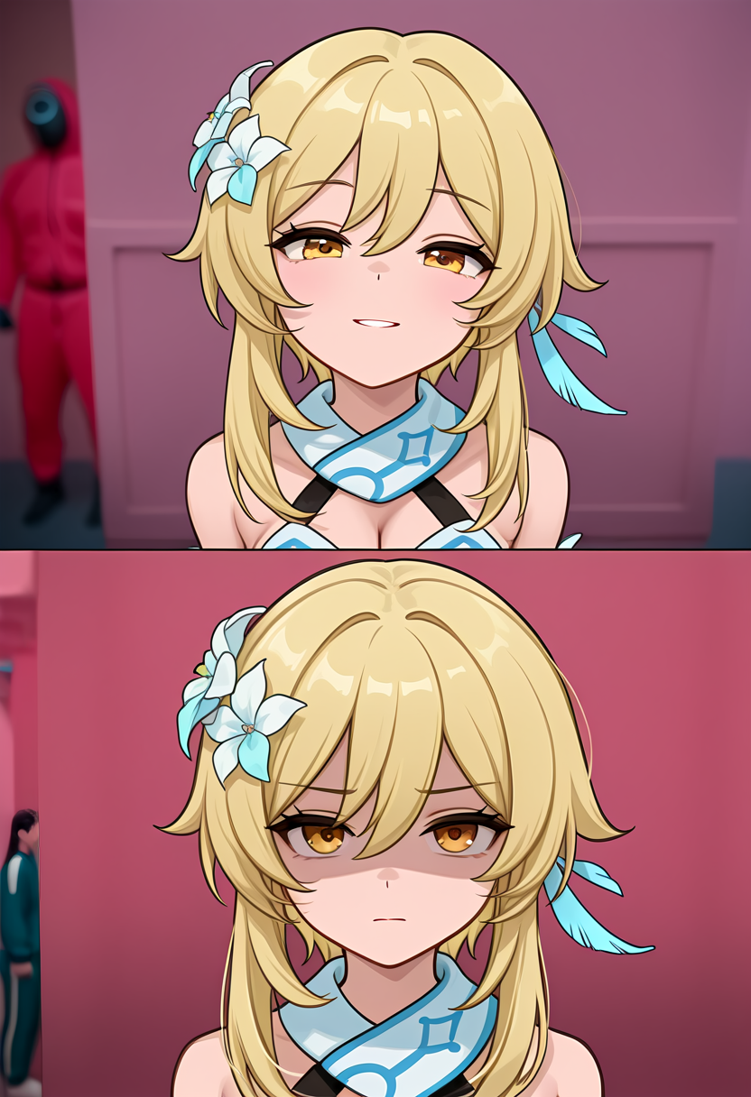 (masterpiece, high quality, amazing detail), highres, before and after, squid game, lumine \(genshin impact\), partially shaded face, <lora:Before_and_Afer_Joining_Squid_Game:1>