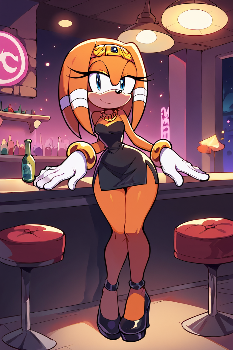 score_9,  score_8_up, 2D, flat color, 1girl, indoors, club, tikal the echidna from sonic (series), wide hips, narrow waist, black dress, tube dress, short dress, high-heels <lora:TikalSDXL:0.70>  <lora:Smooth Anime 2 Style SDXL_LoRA_Pony Diffusion V6 XL:1>