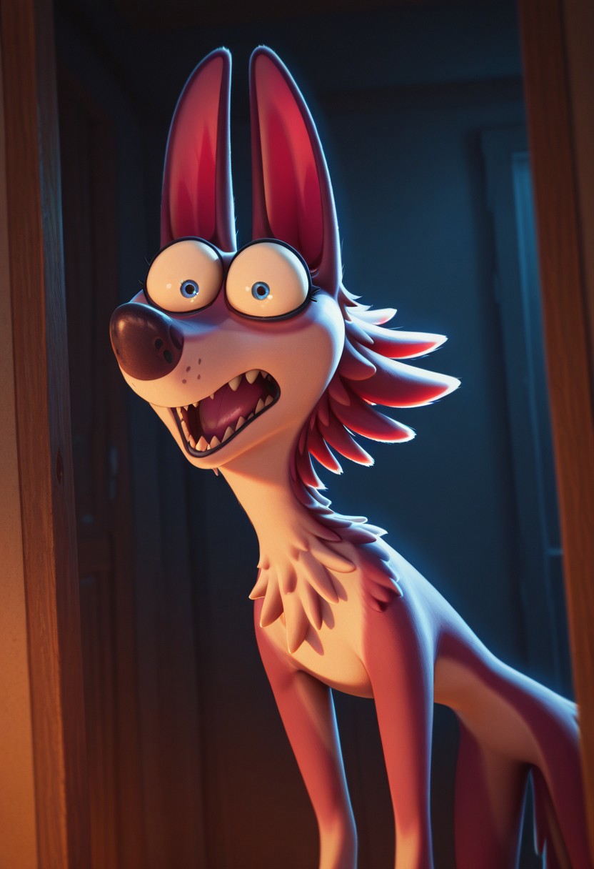 masterpiece, best quality, 32k, high resolution, absurdres, graciewolf, solo, snout, open mouth, 1girl, teeth, tomboy, looking at viewer, wide-eyed, sharp teeth, standing