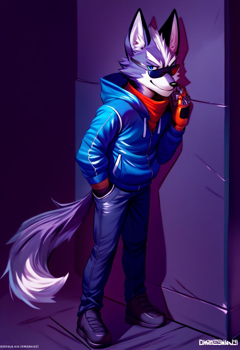 (by chunie, by darkgem, by bassenji, by nurinaki, source_furry, score_9, score_8_up, score_7_up, score_6), male focus, solo, athletic male, dark theme, low light), score_5, score_4_up, male, fluffy tail, blue eyes, 
black nose, fox, pointed ears like a wolf's, black jeans, blue hoodie with military texture and hood, winter and black shades of the suit with white and blue elements, spaceship, solo, leaning against the wall, high quality eyes, high quality face, night, (high quality, high resolution, masterpiece), solo, anime work smiling, man, slender body, key visual, bright, studio anime, high detail Milkytiger1145:0.9, author granato : 0.5, the prosthesis of the right hand is high-tech,  metal prosthesis up to elbows, The cybernetic hand right, The right hand is completely cybernetic, full-length image