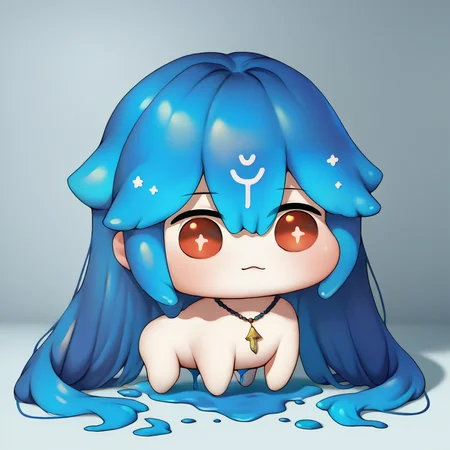 score_9, score_8_up, score_7_up, source_anime, 1girl, solo, <lora:Bao_XLPD:1>, BaoDef, blue hair, liquid hair, long hair, hair between eyes, bangs, necklace, <lora:Doro_X_PDXL_V1:1> doro, creature, :3, chibi, no humans, white skin, four legs, solid circle eyes, no pupils