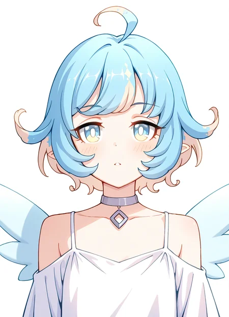 masterpiece, best quality, very aesthetic, absurdres, detailed, break, amy_(princess_connect), 1girl,short hair,blue hair,ahoge,multicolored hair,bangs,blue eyes,pointy ears,choker,wings,white dress