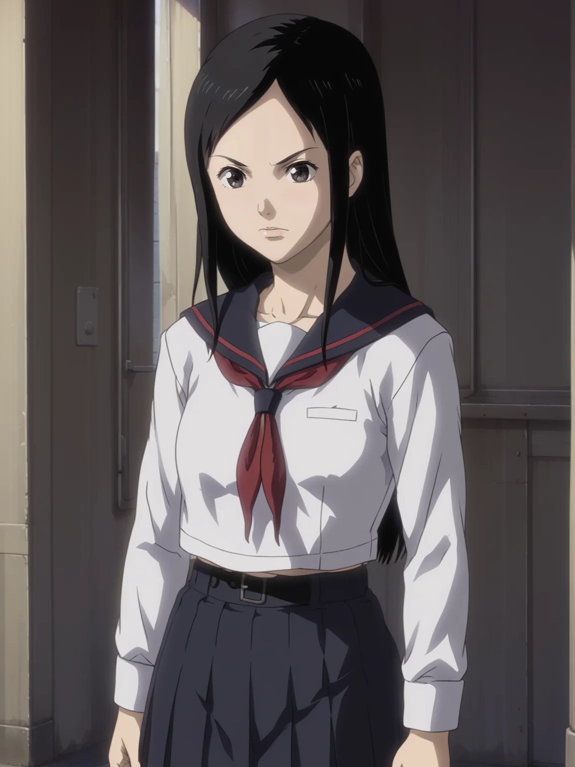 1girl, ekaturkuro, score_8_up, <lora:Eka Turkuro:0.75>, black hair, long hair, parted bangs
school uniform
