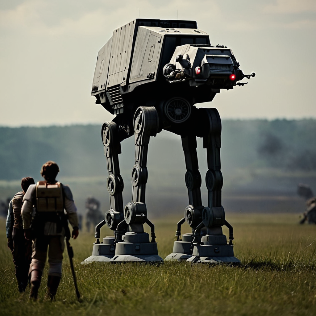 cinematic film still of  <lora:star wars style v2:0.2>
<lora:detailed:0.4> detailed
<lora:perfection style:0.4> perfect
<lora:Chiaroscuro Lighting Style:0.2>
 <lora:AT-AT Walker:0.8>
AT-AT Walker a giant robot standing in a field with a group of people,military,no humans,border,fire,robot,mecha,smoke,science fiction,realistic,cannon,military vehicle,battle,black border,damaged,non-humanoid robot , star wars style, shallow depth of field, vignette, highly detailed, high budget, bokeh, cinemascope, moody, epic, gorgeous, film grain, grainy