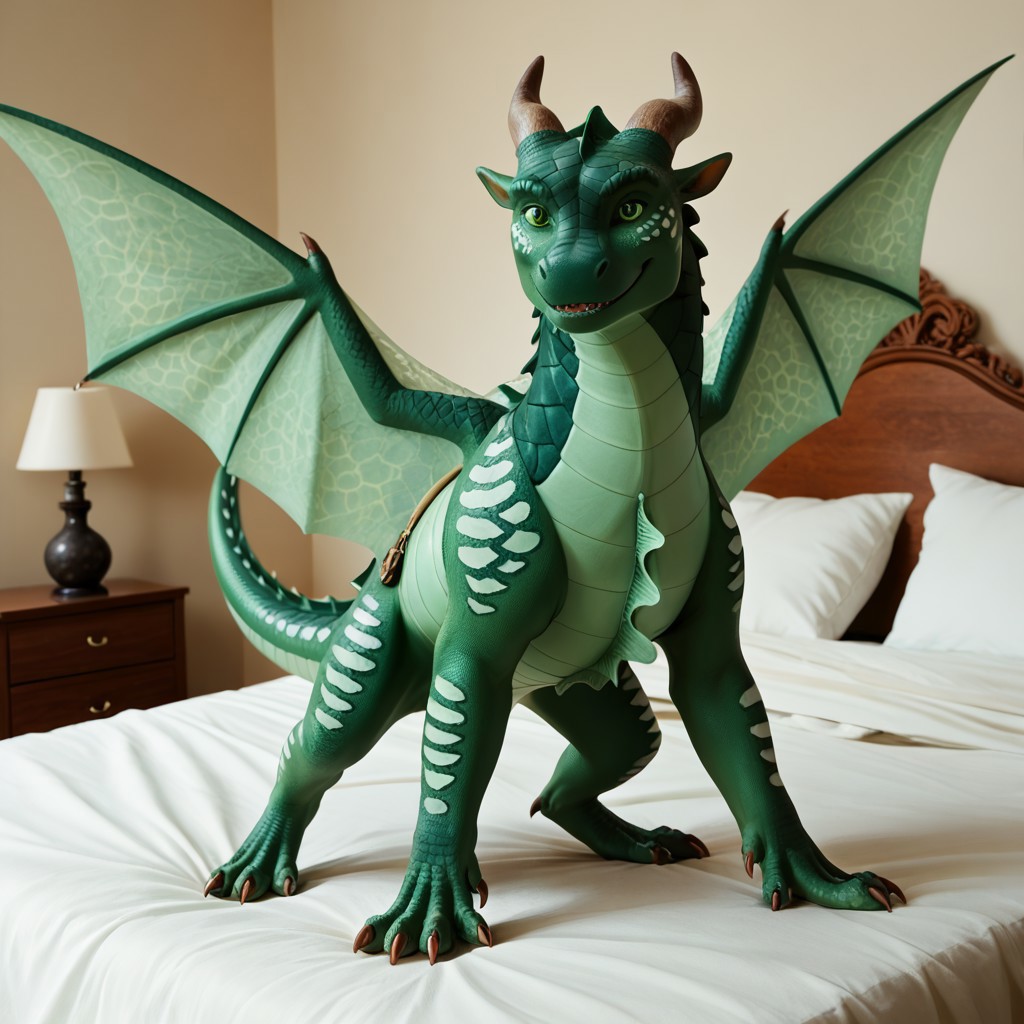 score_9, score_8_up, score_7_up, score_6_up, score_5_up, score_4_up, masterpiece, high quality, realistic, detailed, best quality, solo, rating_safe, source_furry, bedroom, white bed, smiling, happy, detailed eyes, detailed face, looking at viewer, standing, Seawing_wof, aquatic scales, (chin tendrils), dragon, scales, wings, horns, tail, head frill, claws, chest frill, webbed claws, webbed feet, wing pattern, Turtle_wof, green scales, green eyes, green frill, 1boy, male, yellow bracelet, spread wings, feral