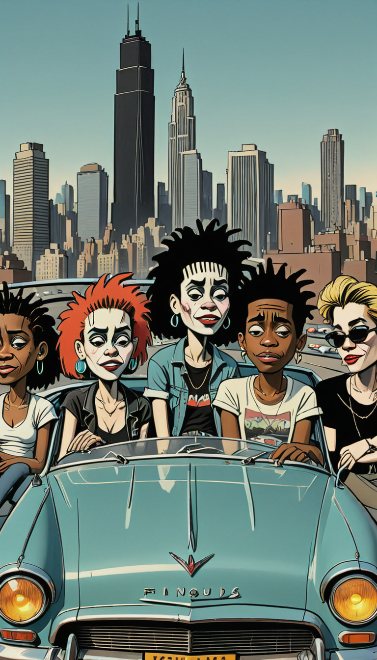 <lora:Everly Heights Comics:1> a group of 1990s friends sitting on the hood of a vintage car, sharing stories, with a city skyline in the background, inspired by the works of Jean-Michel Basquiat and Edward Hopper, cinematic composition.