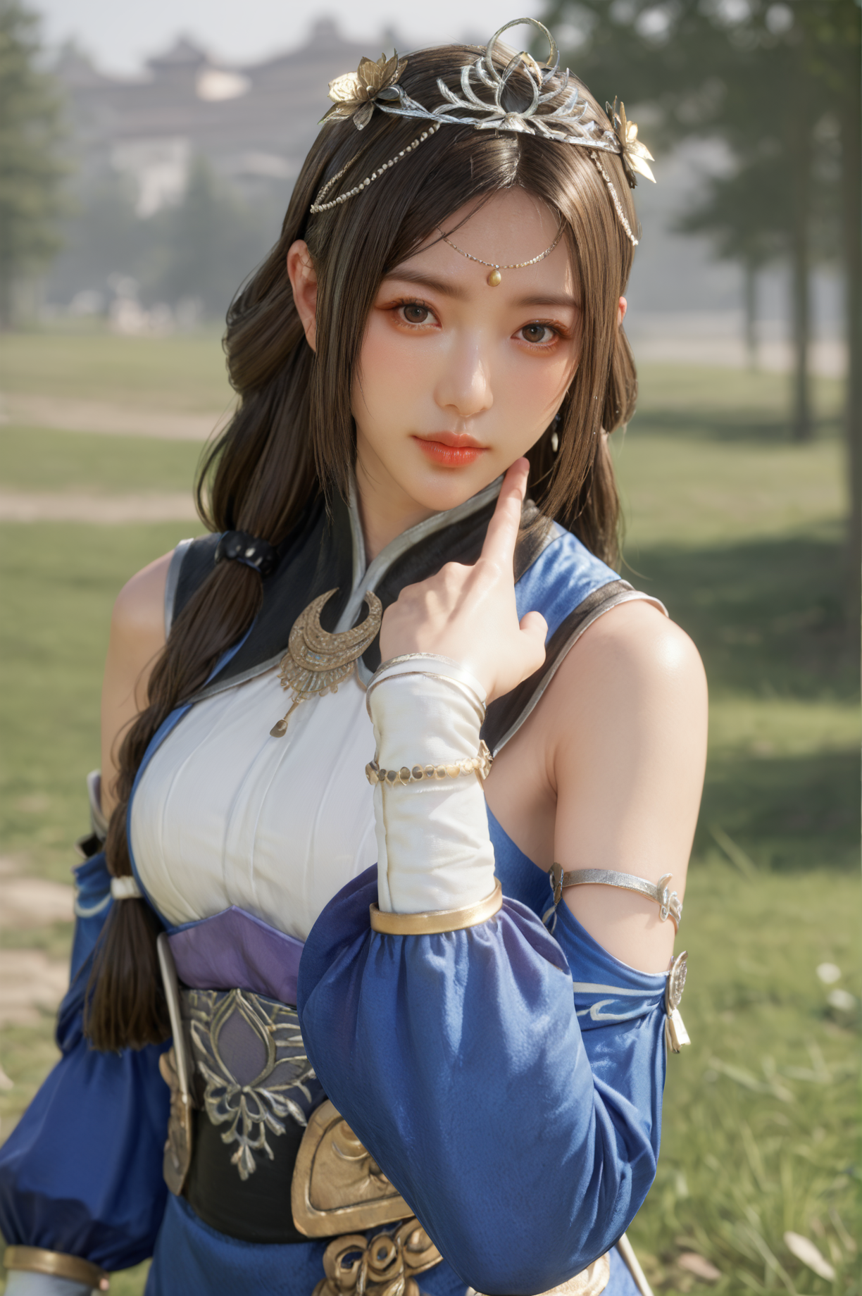 score_9, score_8_up, score_7_up, 1girl, solo, looking at viewer, half body shot, Crouching with one hand on the ground, <lora:Cai_Wenji_Dynasty_Warriors:0.8> long hair, brown hair, brown eyes, jewelry, hair ornament, tiara, dress, detached sleeves, pantyhose, outdoors, blurry, depth of field