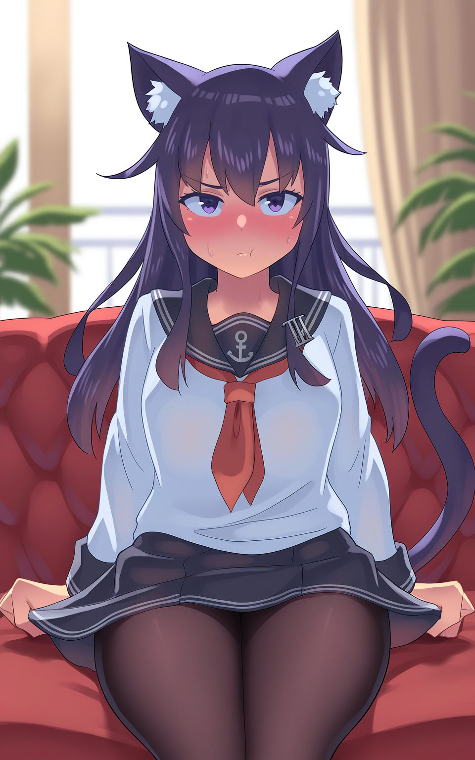 masterpiece, best quality, absurdres, highres, very awa, backlighting, 
<lora:Zheng v4 - NoobAI 1.0 V-Pred:1>
zheng, 1girl, solo, akatsuki \(kancolle\), long hair, dark purple hair, purple eyes, looking at viewer, blush, pout, closed mouth, nervous sweating, nervous, cat girl, cat ears, cat tail, animal ear fluff, school uniform, white shirt, long sleeves, black sailor collar, naval uniform, black skirt, skirt grab, black pantyhose, large breasts, thick thighs, arm support, cowboy shot, indoors, sitting, window, beige curtains, red sofa, red couch, potted plant, straight-on,