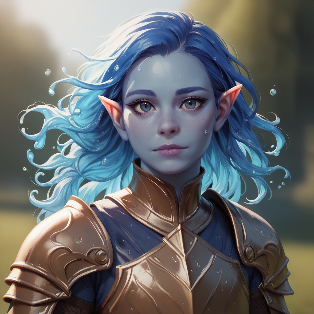 (((detailed, beautiful, high quality))), upper Body, score_9, score_8_up, score_7_up,
watergenasi, pointed ears, floating hair, liquid hair, wet clothes, wet body,
1 girl, blue skin, blue hair, armor,
looking at the viewer, posing, blurred background, blurred fantasy background,