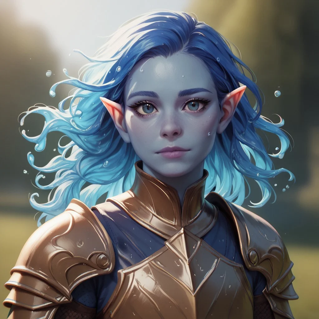 (((detailed, beautiful, high quality))), upper Body, score_9, score_8_up, score_7_up,
watergenasi, pointed ears, floating hair, liquid hair, wet clothes, wet body,
1 girl, blue skin, blue hair, armor,
looking at the viewer, posing, blurred background, blurred fantasy background,
