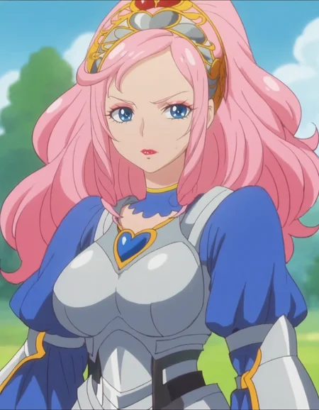 score_9, score_8_up, score_7_up,anime screencap,1girl,solo,marieanje, armor, armored dress,serious,makeup,looking at viewer, lipstick, hairband, choker, jewelry, brooch,cowboy shot,large breasts<lora:marieange:0.8>