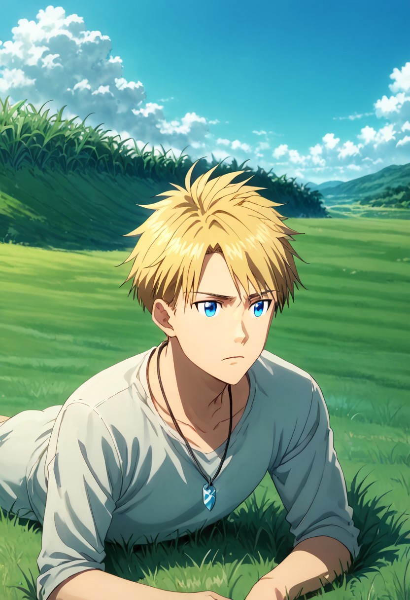 high resolution, solo, best quality, 1Boy, Yamato Ishida, Blonde Hair, Blue Eyes, Necklace, Lying on grass, looking at sky, relaxed, dreamy,