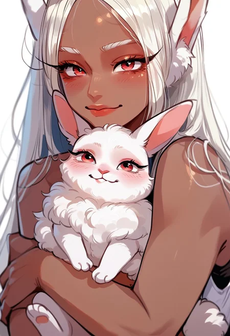 score_9, score_8_up, score_7_up, score_6_up, p3tl0v3, 1girl, rumi usagiyama, dark skinned female, hugging a white rabbit,Kakimaku