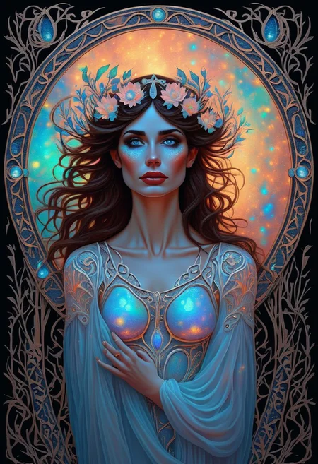 woman, art nouveau, glowing,realism, glowing opal fantasy