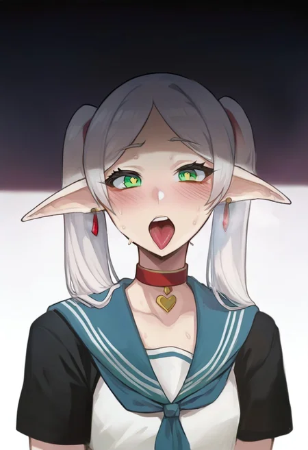score_9, score_8_up, score_7_up, Mevak_PS, source_anime, hi res, masterpiece, best quality, highres, female focus, red choker, serafuku, blush, open mouth, tongue out, looking at viewer, blue sailor collar, short sleeves, upper body, collarbone, teeth, shirt, heart choker, sweat, neckerchief, zPDXL, zPDXLxxx, frieren_SNF, pointy ears, white hair, frieren, long hair, twintails, (green eyes:1.5), grey hair, pointy ears, elf,, earrings,