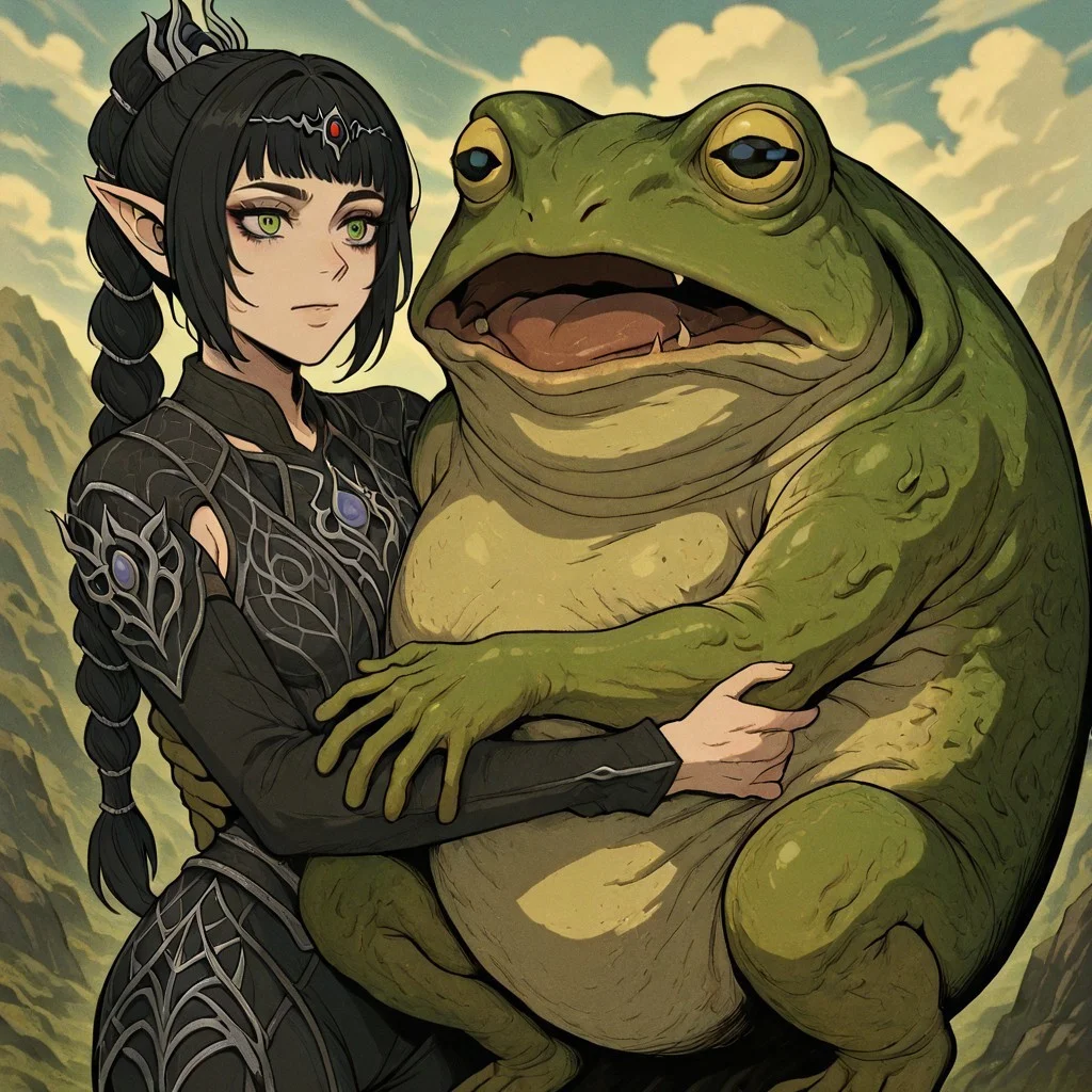 masterpiece, best quality, newest, absurdres, highres, anime, anime style, 1girl, shadowheart \(baldur's gate\), long braid, elf, pointy ears, black hair, braid, side bangs, green eyes, CWKIV1.0, monster, hug, oversized animal, frog, oversized frog, yellow frog,