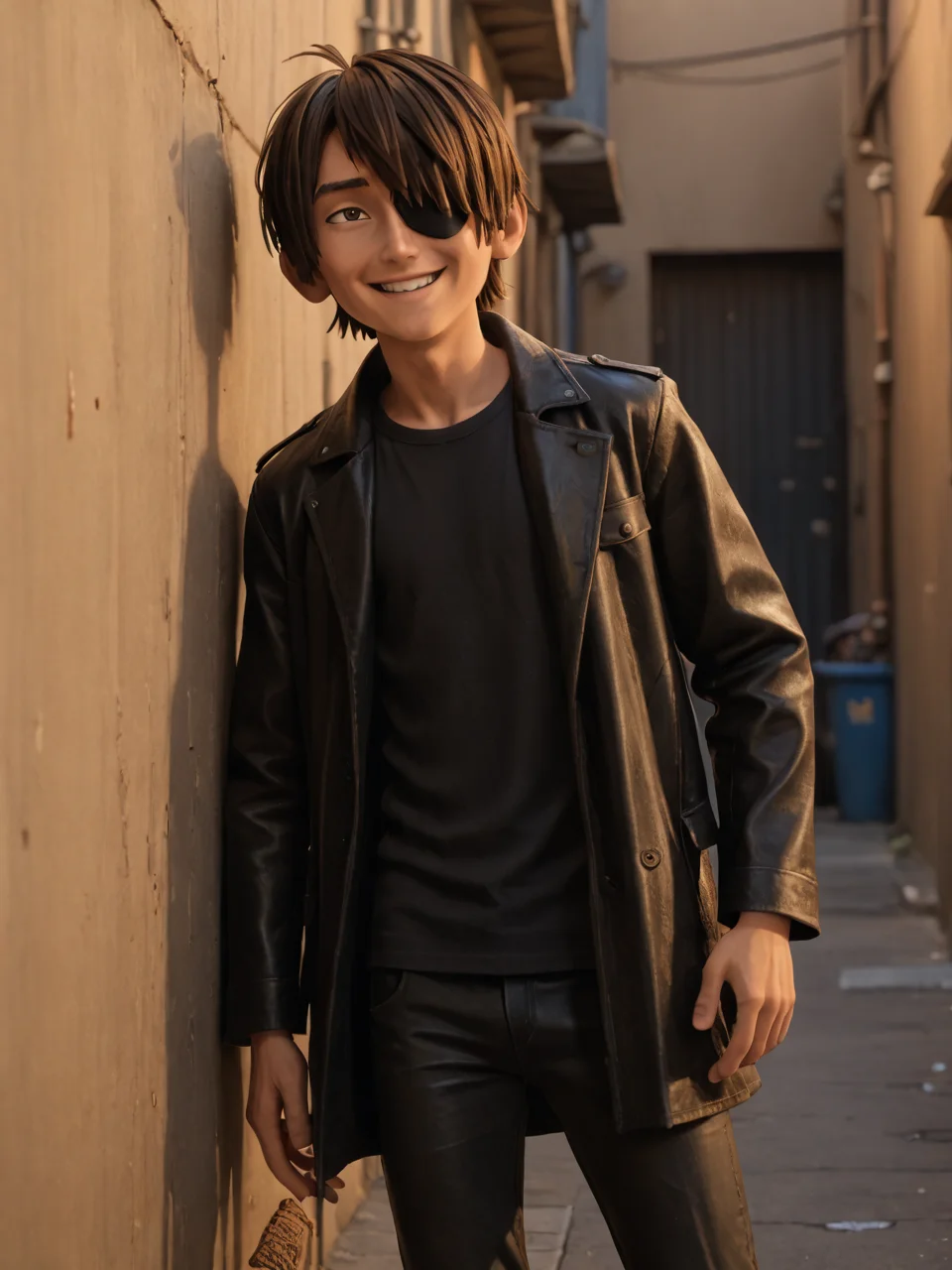 score_9, score_8_up, score_7_up, score_6_up, BREAK, LaiKubo, 1boy, solo, brown hair, brown eyes, hair over one eye, topknot, eyepatch, black shirt, shirt, black pants, leather pants, leather coat, shiny leather coat, long leather coat, smile, alley, lean on wall <lora:Kubo:1>