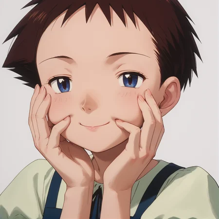 score_9, score_8_up, score_7_up, 1girl, solo, source_anime, pkmArielle, short hair, brown hair, solo, short short sleeves, brown eyes<lora:pkmArielle:1>simple background, white background, face focus, close up, holding face in one hand, smiling with half closed eyes, looking at viewer,