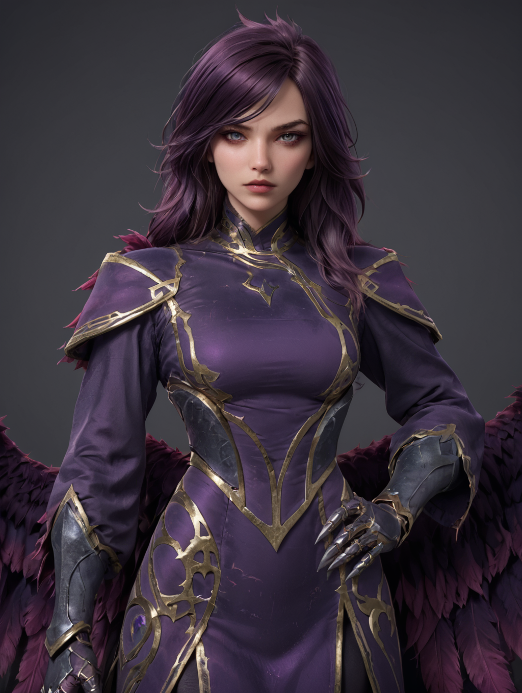 1girl, morgana (league of legends), morgana, (official cinematic), (league of legends), messy purple hair, purple armored dress, <lora:MorganaPonyV1:0.6>
looking at viewer, arms on side, hands on hip,