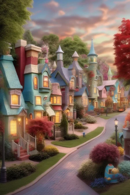 <lora:Thomas Kinkade Style:1>Thomas Kinkade Style - whimisical neighborhood for a real estate photo in thomas kinkade style