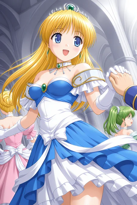 masterpiece, best quality, absurdres, official art, official style, rating general BREAK <lora:leticiaapple_IL_v1-1:0.7>, leticia apple, 1girl, solo, blue eyes, blonde hair, very long hair, small breasts, hair down, multiple girls, tiara, elbow gloves, green hair, brown hair, 3girls, holding hands, gown, choker, earrings, smile, blush, open mouth, princess, medium breasts, green eyes, 1boy, white gloves, solo focus, cleavage, dutch angle, :d, bare shoulders, blue dress, skirt hold, out of frame, necklace, happy, brooch, brown eyes, indoors, long sleeves, pov, strapless dress, gem, hetero, pink dress, profile, collarbone, armored dress, white bow, waist bow, off shoulder, wrap skirt, blue skirt, green dress, dancing, from below, wind lift, corset, floating hair, looking at another, frilled sleeves, white skirt, long skirt, layered skirt