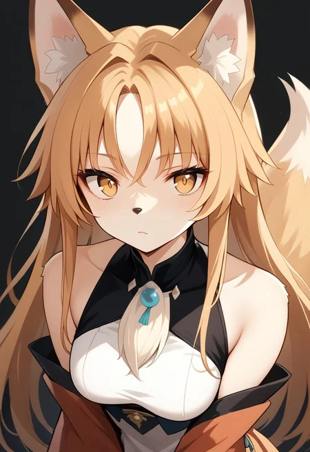 score_9, score_8_up, score_7_up, source_anime, beautiful detailed face, BREAK, 1girl, fox girl, with fox ears, with animal nose, with cheek fluff, body fur, face fur, two toned body fur, two toned face fur, fox, golden eyes, white forehead mark,
Wuthering Waves nobody,
black background,
WUTHERING WAVES BACKGROUND,